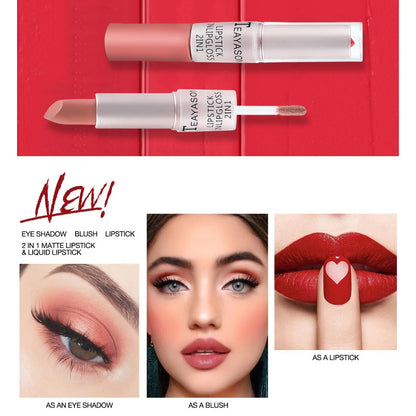 Lápiz labial mate aterciopelado de larga duración, brillo labial de doble cabezal, taza antiadherente, brillo labial, tinte voluminizador, lápiz labial resistente al agua, maquillaje