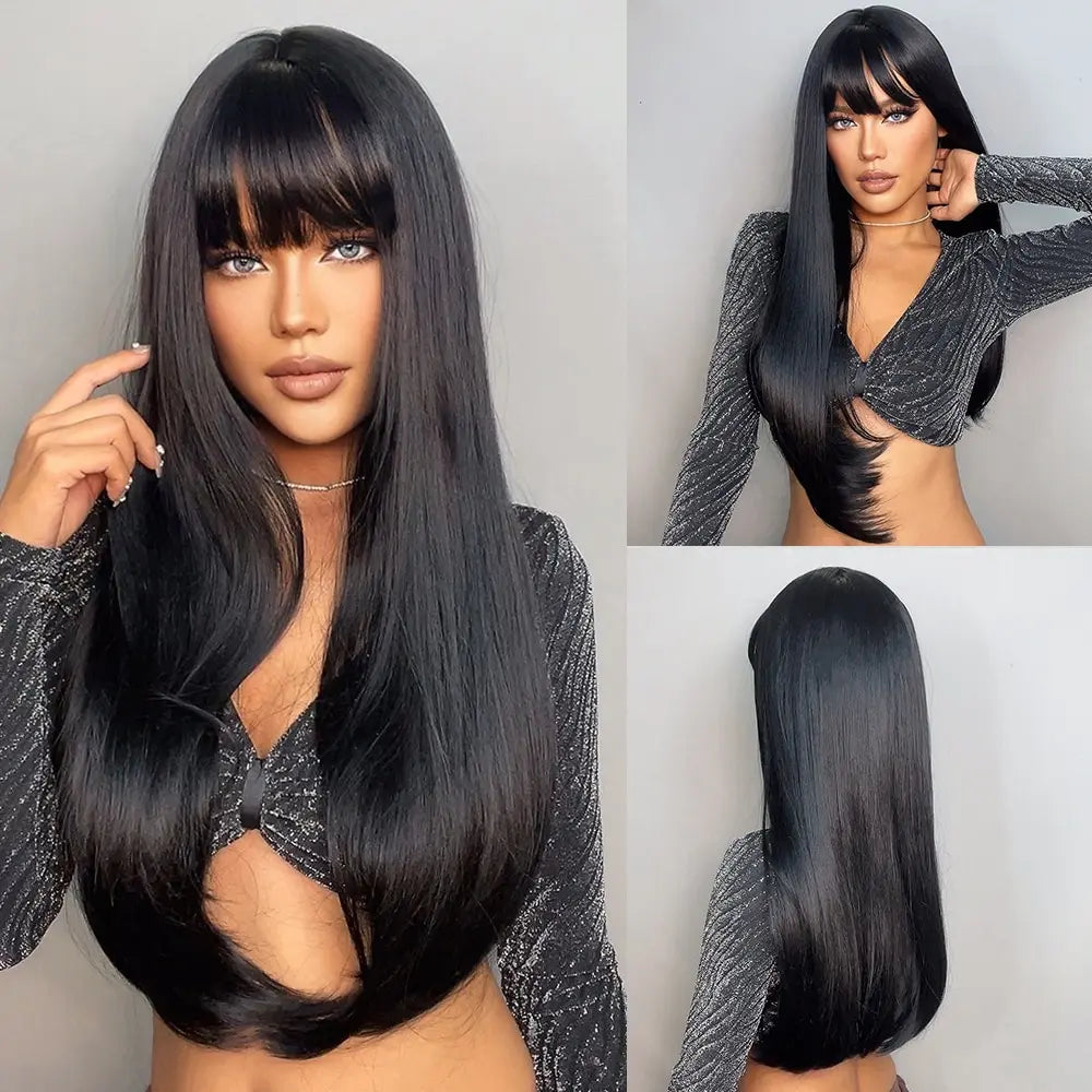 Light Wine Red Synthetic Wigs With Bangs for Women, Long Straight Hair Wig, Natural Cosplay Party, Heat Resistant