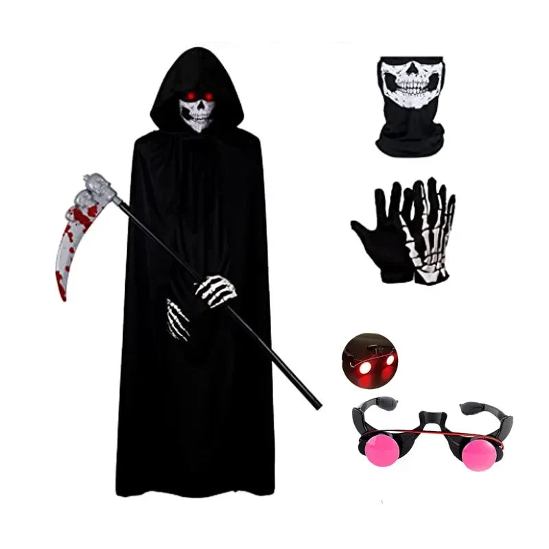 Halloween Kids Red Eyes with Hooded Cape and Scythe Props Scary Grim Reaper Kids Mask Gloves Costume Easter Rave Robe