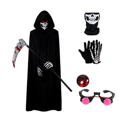 Halloween niños ojos rojos con capa con capucha y guadaña accesorios aterrador Grim Reaper niños máscara guantes disfraz Pascua Rave Robe