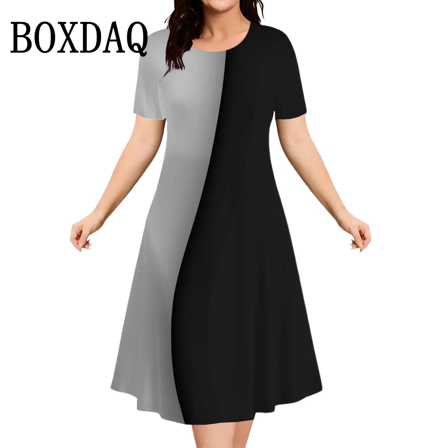 2025 Summer Women Dress Fashion Plus Size Short Sleeve Dress Black White Contrast Color Loose A-Line Dress Big Size 9XL Clothing