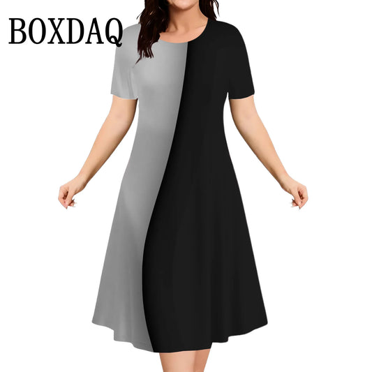 2025 Summer Women Dress Fashion Plus Size Short Sleeve Dress Black White Contrast Color Loose A-Line Dress Big Size 9XL Clothing