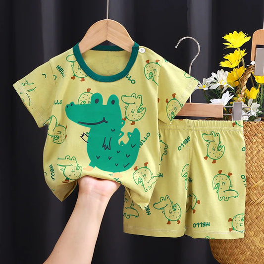 New Boys Summer Clothing Set Full Bear Print Cotton Short-Sleeve T-shirts and Shorts 2PCS Breathable Outfit For Girls