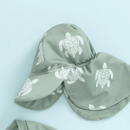 Traje de baño Tregren para niños pequeños, de manga larga, con estampado de tortuga y dinosaurio, con gorro de baño y ropa de playa.