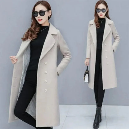 Female Woolen Coat Velvet 2023 Women's Double-Breasted Woolen Coat Spring and Autumn Woolen Coat Fashion Suit Collar ThickTrench