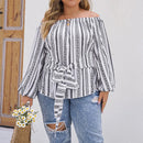 Fairyshely 2025 Spring Stripe Print Plus Size Top Women Long Sleeve Large Pullover T-shirt Lady Off Shoulder Casual Curvy Tops