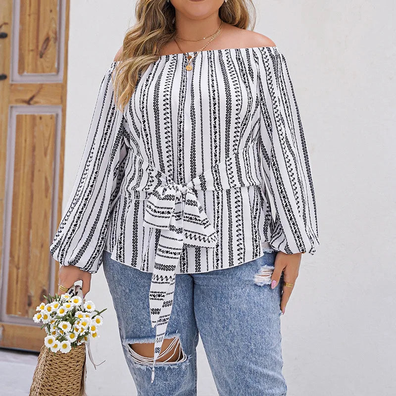 Fairyshely 2025 Spring Stripe Print Plus Size Top Women Long Sleeve Large Pullover T-shirt Lady Off Shoulder Casual Curvy Tops