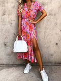 Vestido estampado floral para mulheres, vestido de manga curta com gola cortada, vestido casual, tamanho grande, para a primavera e o verão