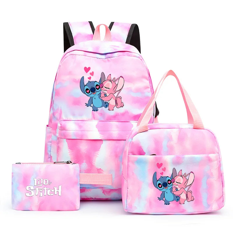 3pcs Disney Lilo Stitch Colorful Backpack with Lunch Bag for Women Student Teenagers Rucksack Casual School Bags Sets