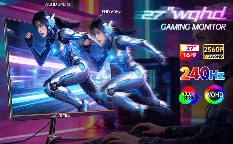 Hgfrtee 27" 240Hz Qhd Gaming Monitor 1Ms, High Resolution Screen, Hdr10 Adaptive Sync, Pc Display for Gamer with HDMI 2.1 Dp 1.4