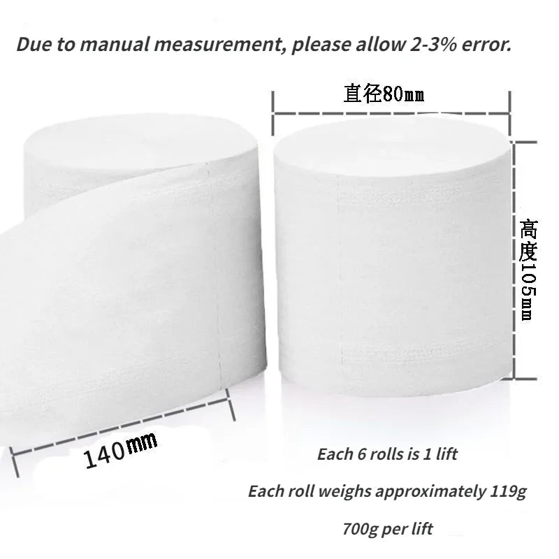 6 rollos de papel higiénico blanco de pulpa de madera virgen, 5 capas, suave, cómodo, sin núcleo, desechable.