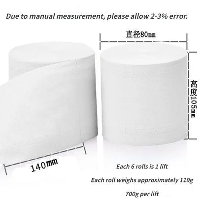 6 rollos de papel higiénico blanco de pulpa de madera virgen, 5 capas, suave, cómodo, sin núcleo, desechable.
