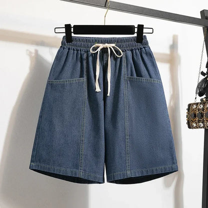 Noções básicas vintage casual chique cintura elástica rendas soltas perna larga denim calças curtas streetwear high street roupas tamanhos grandes