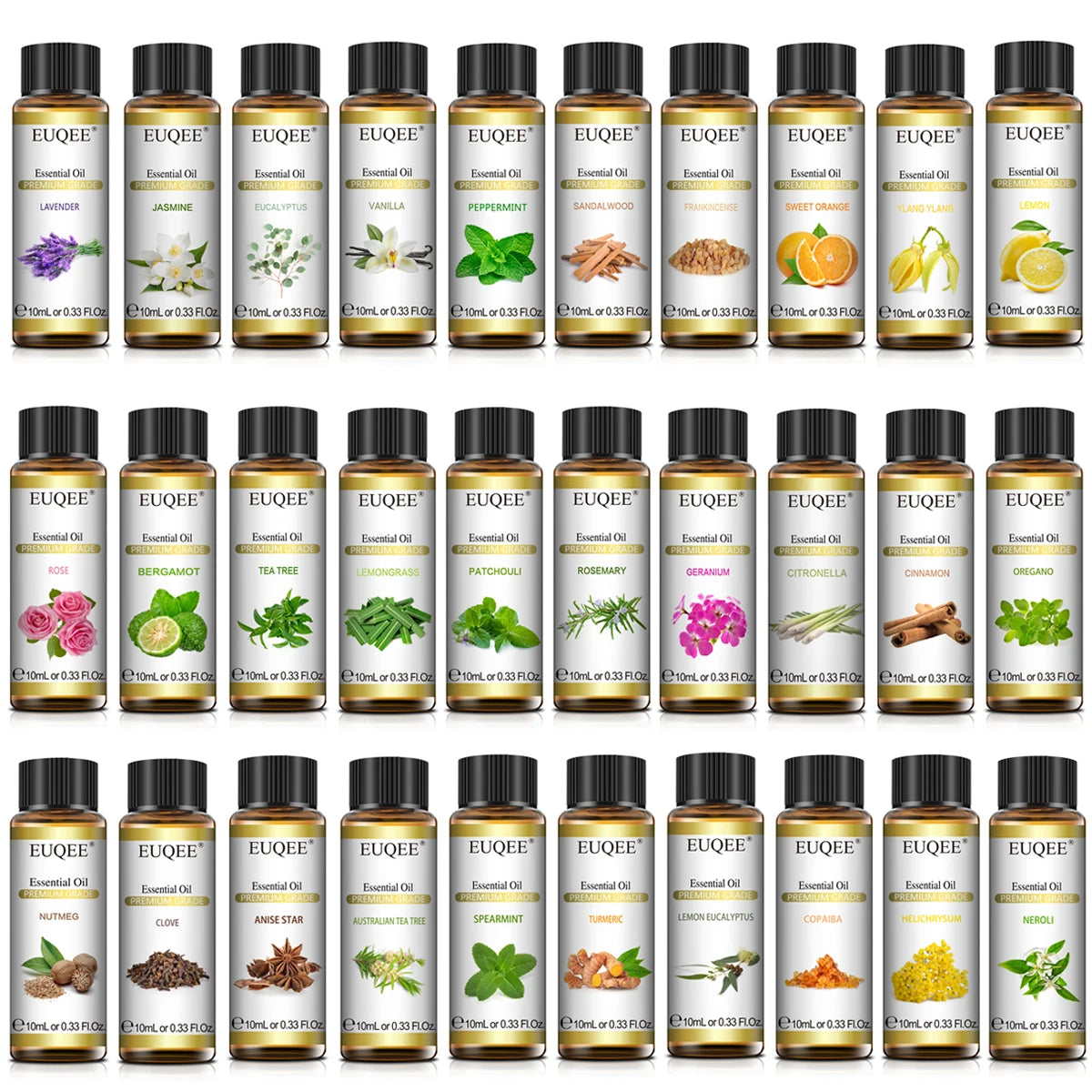 EUQEE 10ml Pure Natural Essential Oil Blue Tansy Cardamom Lime Palo Santo Honeysuckle Eucalyptus Patchouli Citronella Aroma Oil