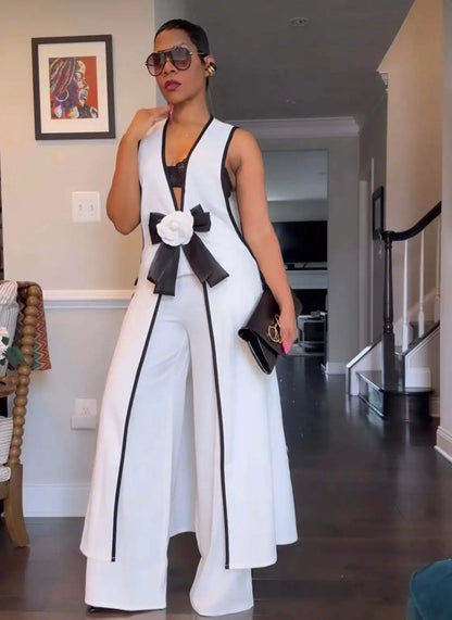 Two Piece Set Women Tracksuit Spliced Vest Pant Sets Elegant High Street Work Ankle Length Wide Leg Pants Loose Matching Sets