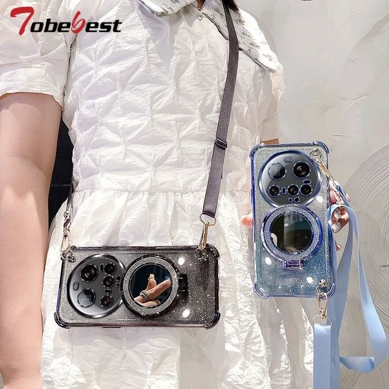 Crossbody Lanyard Shockproof Glitter Plating Magsafe Holder Case For Xiaomi 15 Ultra 14 14T 13 12 Pro Cover