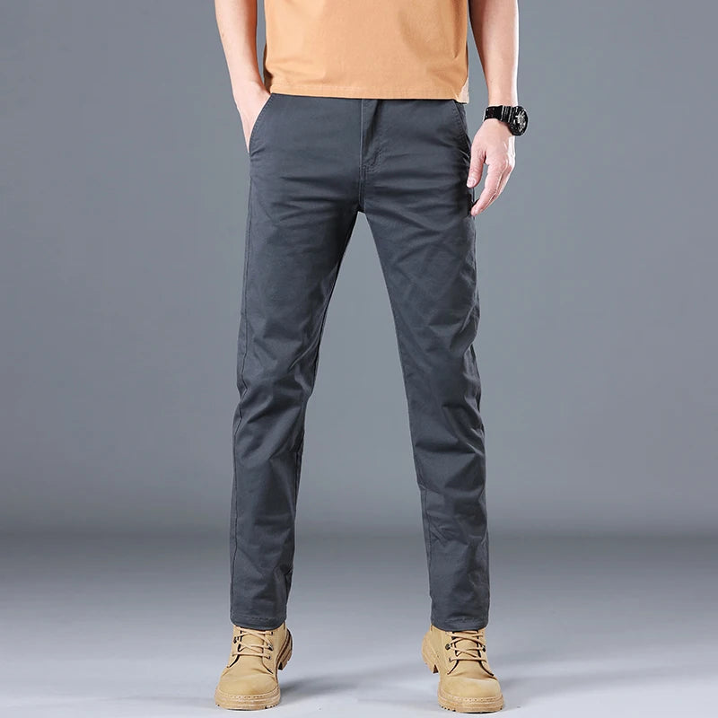Men's High Quality Pure Cotton Classic Solid Color Casual Pants Business Stretch Slim Straight Brand Trousers Male Autumn New