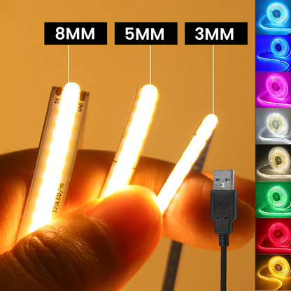 Tira cob usb dc 5v 3mm 5mm 8mm branco/rosa/vermelho/branco/amarelo/amarelo/azul gelo/verde fita flexível corda decoração de casa luz de fundo de tv