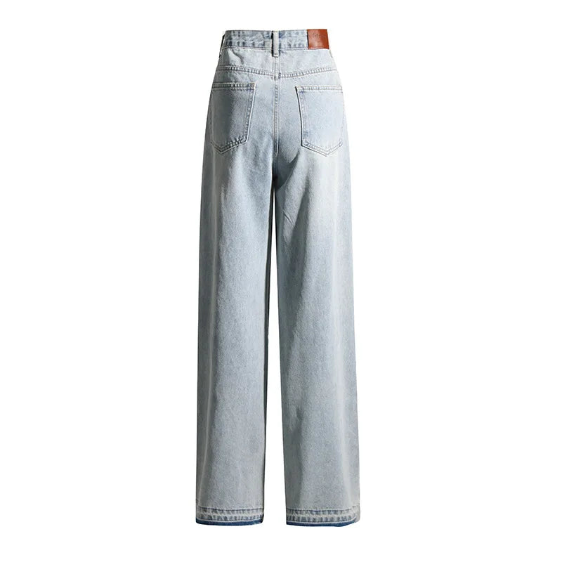 BKQU - Pantalones vaqueros rectos y holgados para mujer, cintura alta, pierna ancha, con diamantes de imitación, largos, moda urbana 2021, pantalones brillantes con diamantes