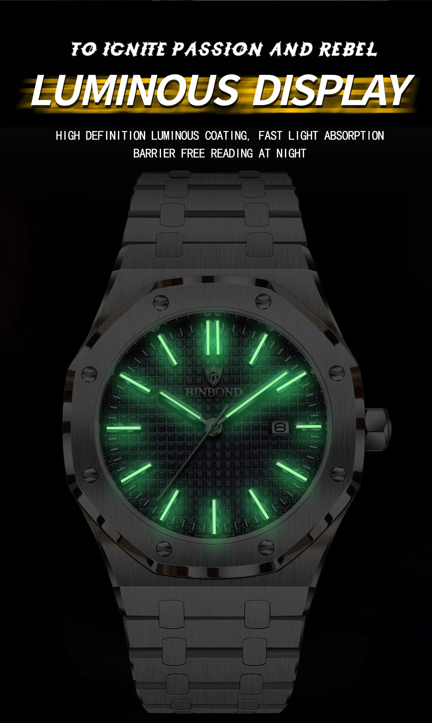 BINBOND Sturdy Stainless Steel Strap Quartz Wristwatches for Men Luxury Luminous Waterproof Auto Date Accurate Men's Watch Reloj