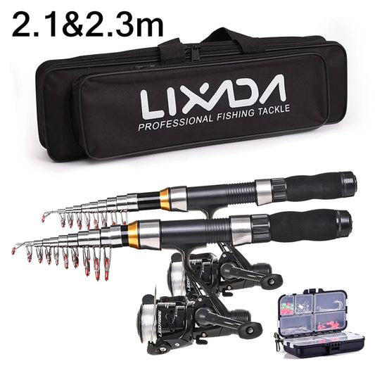 Lixada - Kit completo de caña de pescar telescópica y carrete de 2,1 m y 2,3 m, caña de pescar de fibra de carbono, carrete giratorio, bolsa de pesca, estuche y equipo de pesca