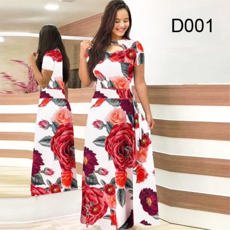 Elegant Spring Women's Casual Fashion Floral Print Short Sleeve Super Long Dress 2023 New Fashion Hollow Out Long Dresses