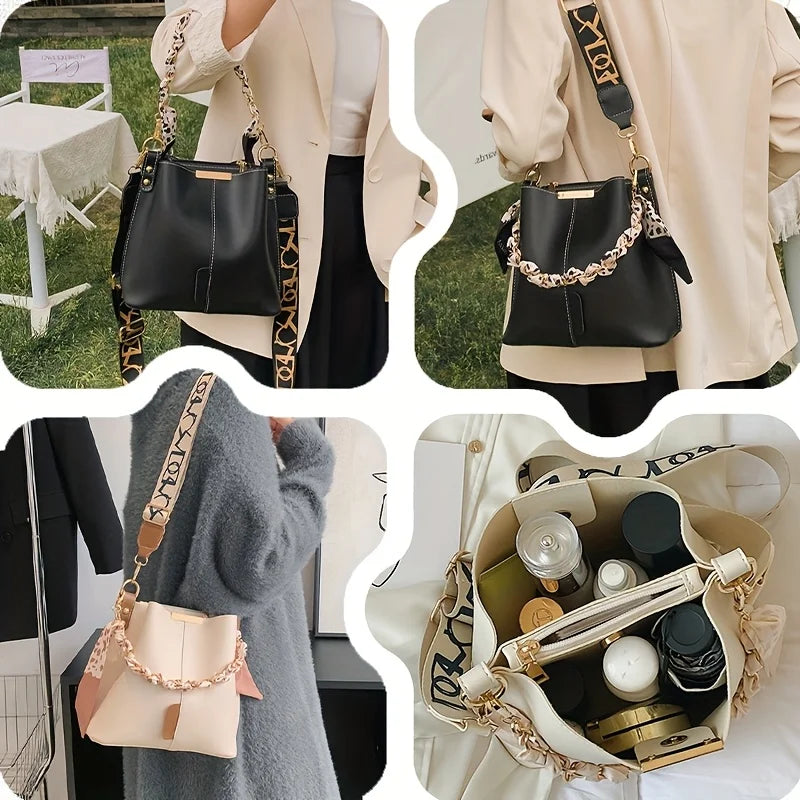 New Fashion Women's Shoulder Bag Large Capacity Ribbon Chain Bucket Bag Crossbody Bag for Daily Commuting