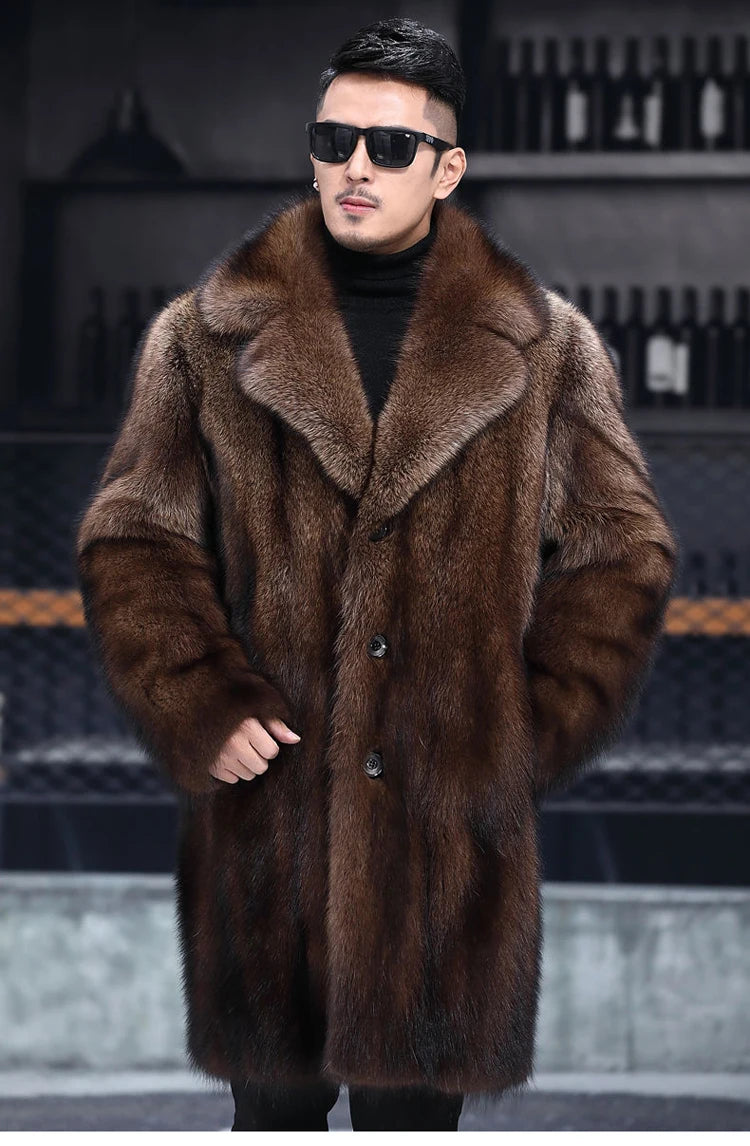 Abrigo largo de piel de visón cálido de invierno para hombre, chaqueta gruesa, cortavientos informal holgado