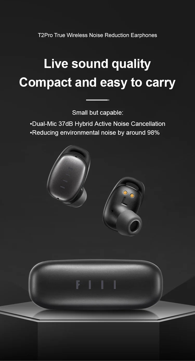 Auriculares inalámbricos FIIL T2 Pro con micrófono dual, 37 dB, híbridos ANC, Bluetooth 5.2, TWS ENC, auriculares de alta fidelidad, carga inalámbrica rápida.