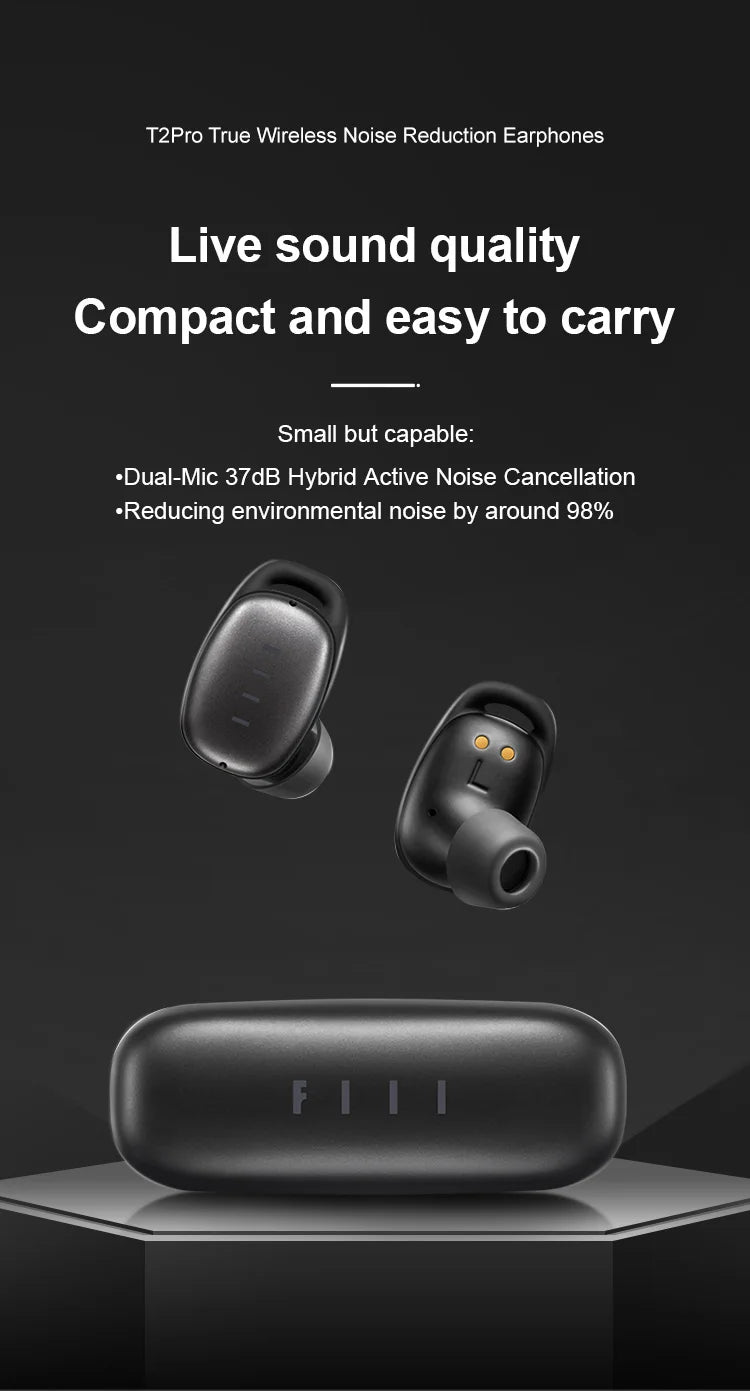 FIIL T2 Pro Wireless Earphone Dual-Mic 37dB Hybrid ANC Bluetooth 5.2 TWS ENC Headphones Hi-Fi Earphones Fast Wireless Charging