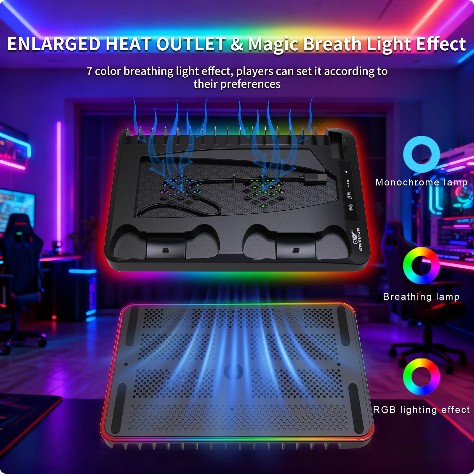 GAMINJA Host Heat Dissipation Base For PS5 With 7 Color Light Effect Headphone Hook Game Disc Storage Rack Handle Charging Stand