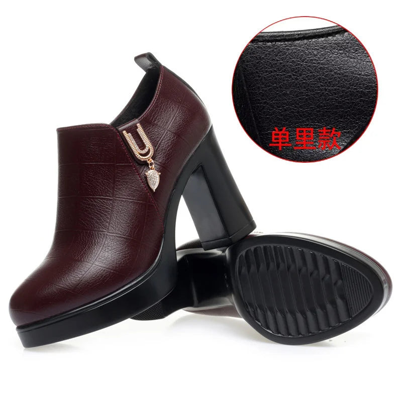 Comfortable Deep Mouth Soft Leather Anti-slip  Shoes Platform Spring 2024 Women's Block Black High Heels Office Mother Shoes
