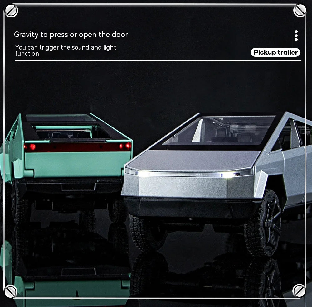 Camiones de juguete para niños, modelo Cybertruck, camioneta plateada, de metal fundido a presión, con sonido y luz, a partir de 3 años, escala 1:32.