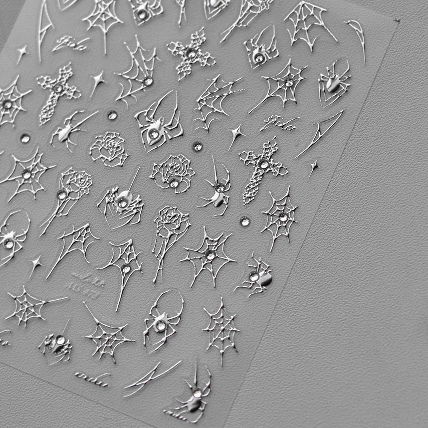 1 piece 5D Spider Web Nail Sticker Cross Silver White Black Glitter Transparent Rhinestone Rose Self-Adhesive Nail Art Sticker