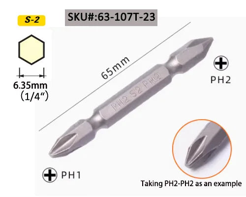 Stanley-Long Precision Screwdriver Bits, Shockproof, Phillips, Slotted, PH2, Drill Bits, 1/4 bit, HRC60, ± 2 S2, 110mm, 65mm