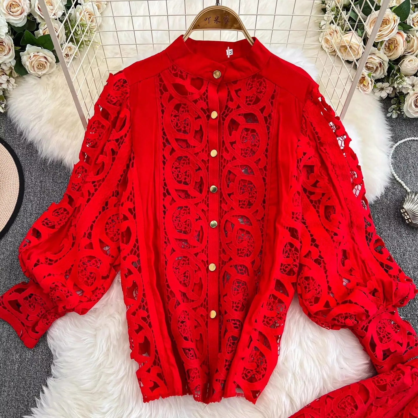 Autumn Crochet White Lace Embroidery 3 Pieces Sets Women Dress Suits Hollow Out Loose Shirt Top Elastic Waist Maxi Skirt Suit