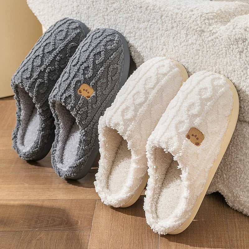 Zapatillas de casa lisas con diseño de rayas para mujer, zapatos de algodón antideslizantes con suela suave, Zapatillas de felpa suaves y cálidas para interiores, Invierno 2024