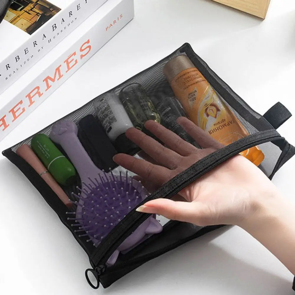 Portable Large Capacity Mesh Cosmetic Bag Zipper Bag Pencil Cases Storage Toiletry Bag Transparent Square Bag Makeup Bag Ladies