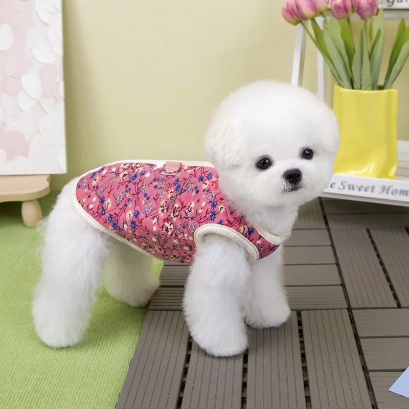 Winter Flower Pattern Pet Jacket Pet Dog Costume Navy Pink Sleeveless Vest Jacket Warm Comfortable Floral Cotton Vest Small Dog