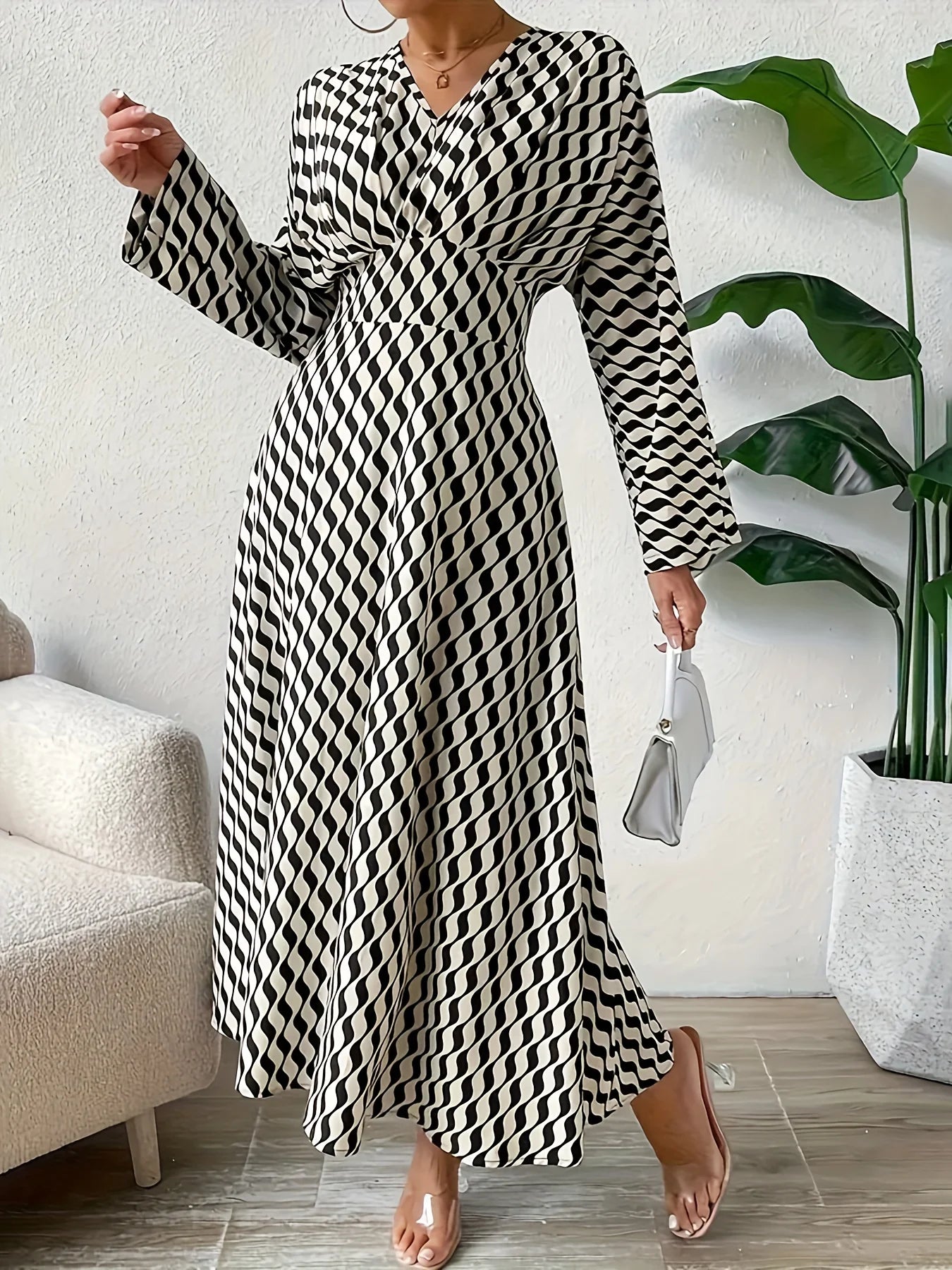 Vestido de talla grande elegante para otoño e invierno, estampado geométrico, cuello en V, manga larga, cintura, temperamento elegante, ropa para personal de oficina