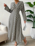 Vestido de talla grande elegante para otoño e invierno, estampado geométrico, cuello en V, manga larga, cintura, temperamento elegante, ropa para personal de oficina