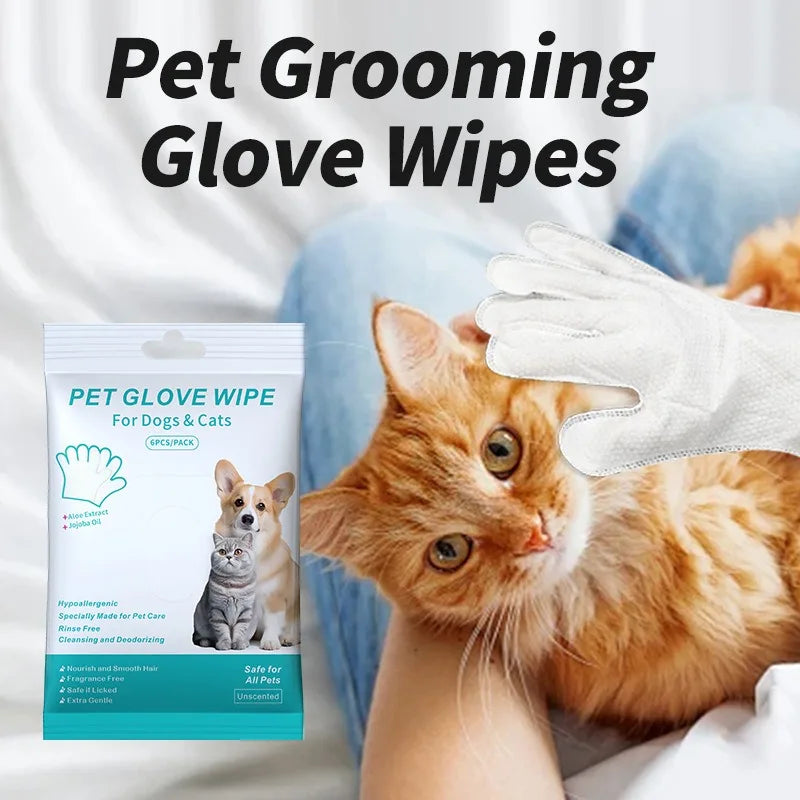 6pcs/bag Pet Wash-Free Gloves for Cats and Dogs - Bathing, Cleaning, Dry Cleaning Wipes, Deodorizing Wipes, Pet Products