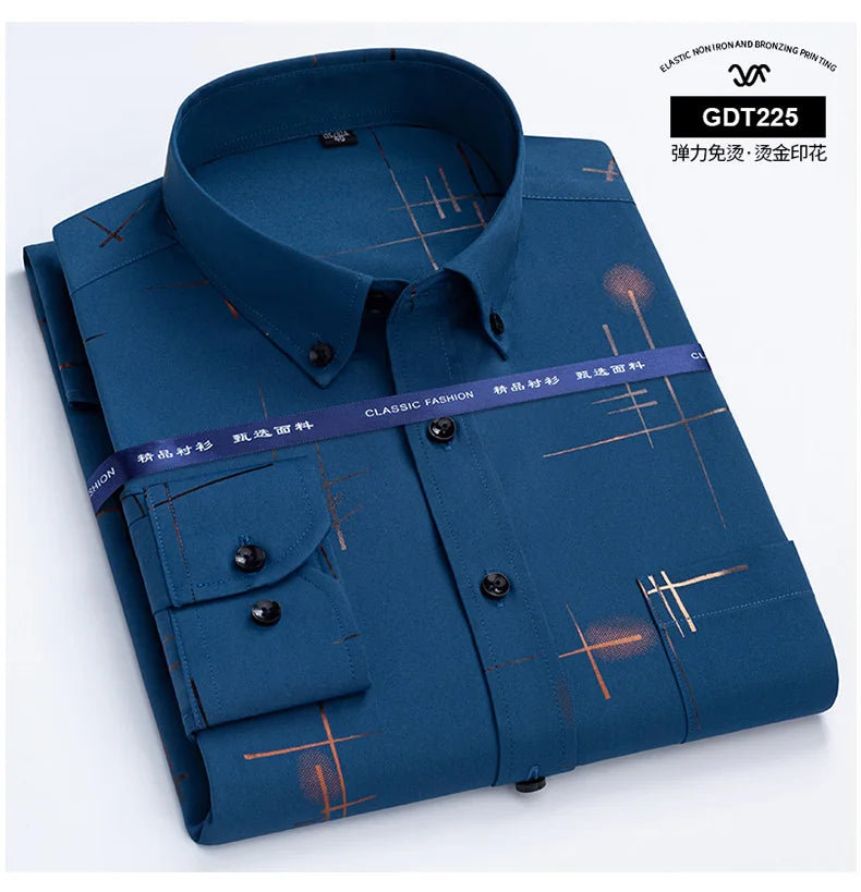 Latest Men's Dress Shirts Spring Autumn Non-iron Anti-wrinkle Business Casual Print Thin Plaid Soft Slim Fit Chemise Homme