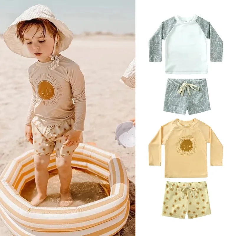 2025 Summer Baby Boys Swimsuit Long Sleeves One Piece Swimwear for Kids Toddler Cartoon UPF50+ Rash Guards Infant Bathing Sui