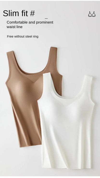 2 piezas/lote de camiseta sin mangas de seda sin costuras con almohadilla fija en el pecho para mujer, camisola sin mangas, ropa interior exterior, camisola de verano de alta elasticidad