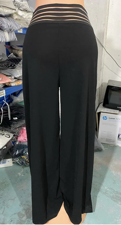 Fashion Office Ladies Trousers Elegant Crisscross Sheer Mesh Patch Casual High Waist Flared Pants for Women Clothes 2023 Summer