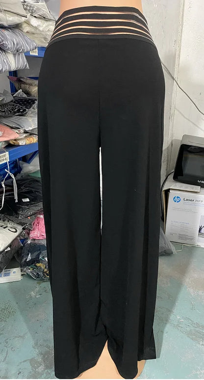 Fashion Office Ladies Trousers Elegant Crisscross Sheer Mesh Patch Casual High Waist Flared Pants for Women Clothes 2023 Summer