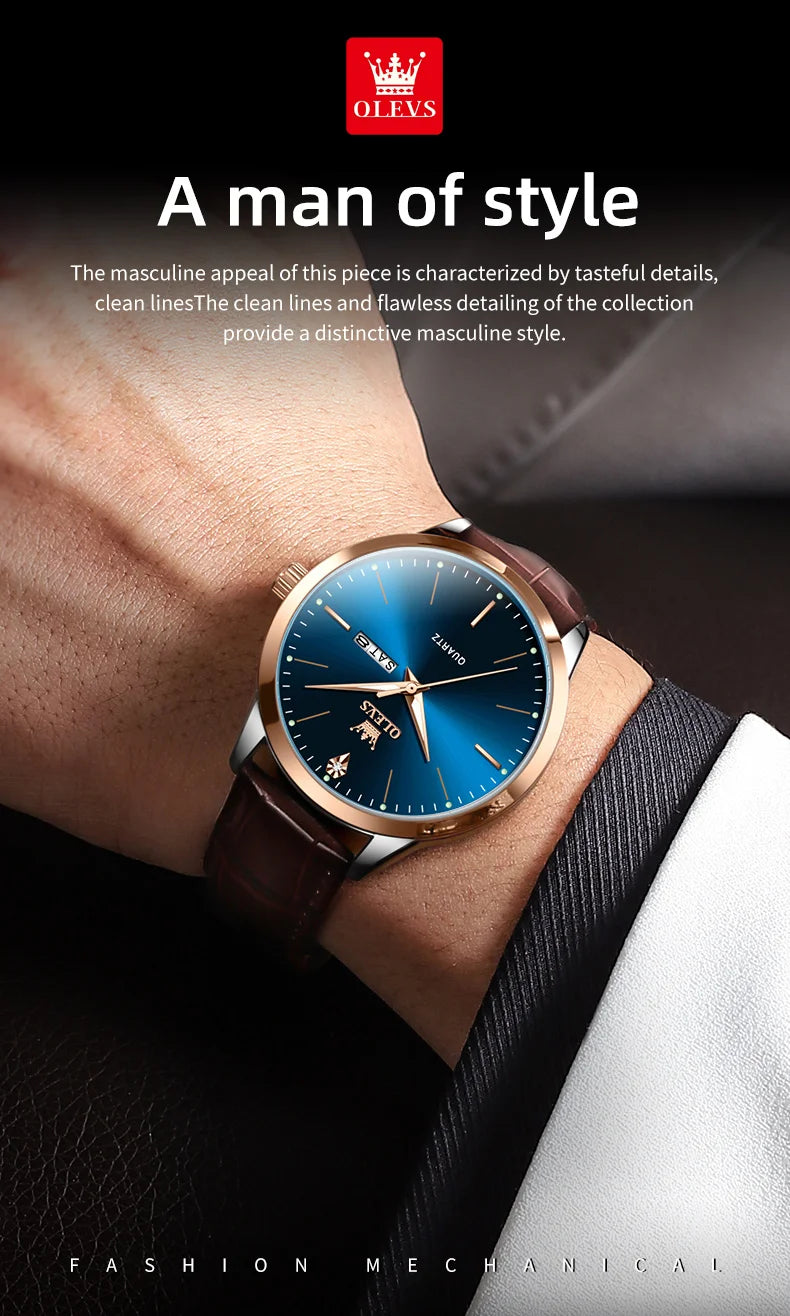 OLEVS 2935 Dual Calendar Quartz Dress Watch For Men Simple Original Leather Men's Watches Waterproof Luminous Business Hand Clock