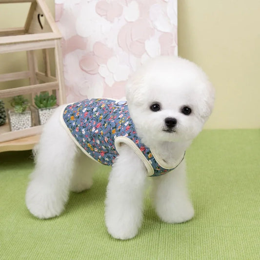 Winter Flower Pattern Pet Jacket Pet Dog Costume Navy Pink Sleeveless Vest Jacket Warm Comfortable Floral Cotton Vest Small Dog