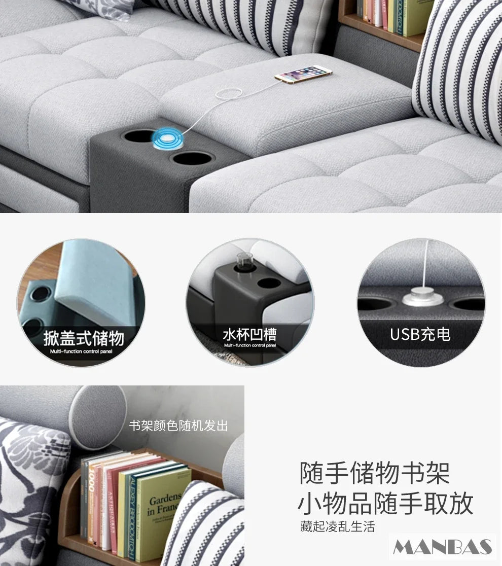 Linlamim Fabric Sofa Set Furniture Living Room Sofa Set with USB and Stools / Big U Shape Cloth Couch Sofas for Home Furniture